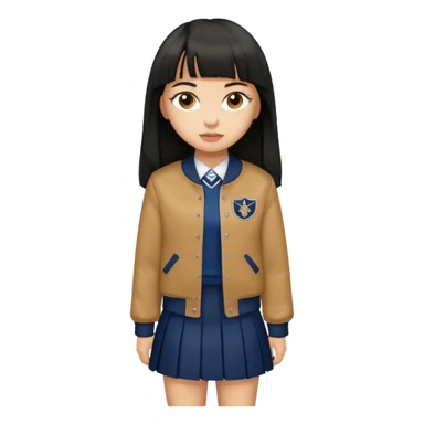 hair : black long hair with fringe 
skin : light 
cloth : brown varsity jacket + navy long long school girl skirt 


 sticker