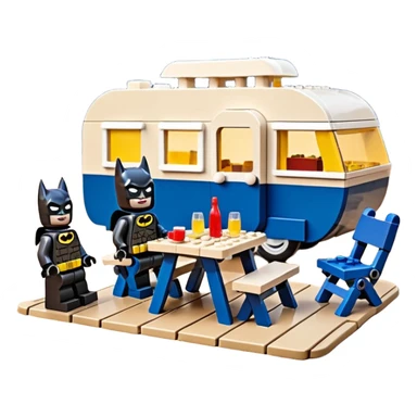  Ultra cute futuristic Lego Haunted Batman and Catwoman dream house Caravan with picnic table and folding chairs alone at romantic night  sticker