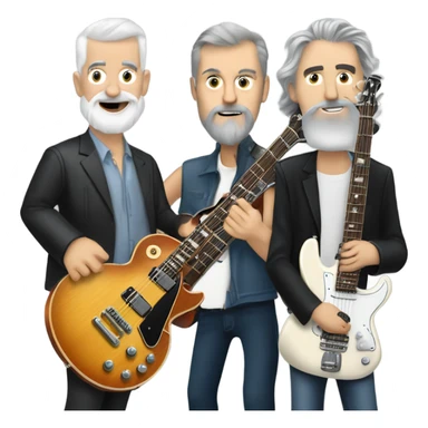 Three white mature musicians. one on a Gibson Les Paul guitar with a beard, one on a Fender Precision bass that is very tall and one playing banjo with a short gray beard sticker