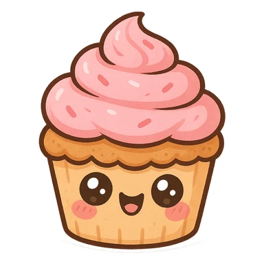 a cute pink cupcake with a smiley face, original design, big eyes, blushing cheeks, joyful sticker