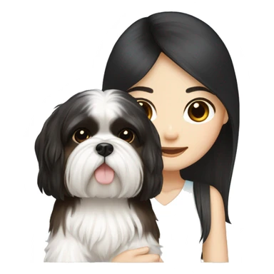 long black hair korean girl with white and brown shih tzu sticker