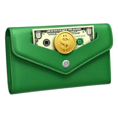 Rich emoji style green leather wallet with dollar bills, luxury money vibe, premium 3D emoji, ultra clean, high detail, no background sticker