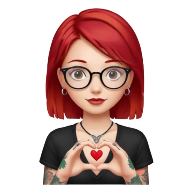Beautiful girl, with glasses, red hair, tall, slim, with tattoos and small piercing, showing heart with hands sticker