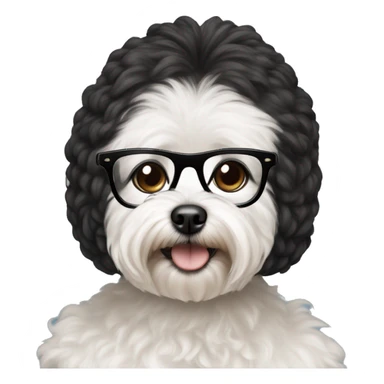 Indian woman with black glasses holding small white MaltiPoo dog sticker
