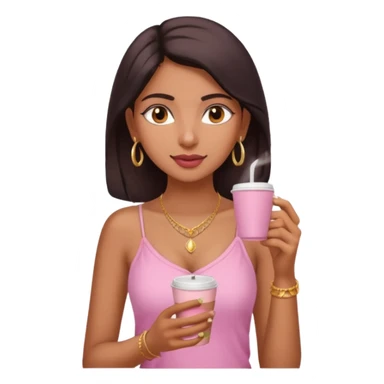 a pretty fair indian bratz girl with a pink cami top, drinking takeaway coffee, golden dainty necklace sticker