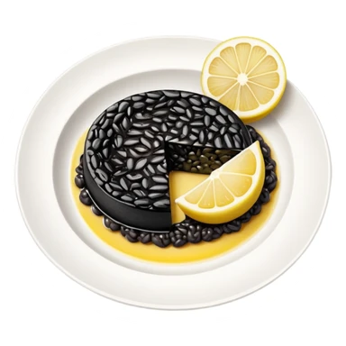 cinematic-realistic-black-risotto-dish,-showcasing-dramatic-lighting in a white plate with a single slice of grilled lemon on top sticker