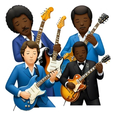Icon for Blues Music: close-up collage of legendary blues artists. Gary Moore, Eric Clapton, B.B. King and Joe Cocker. Represented by silhouettes or symbolic items like guitars, microphones, or music notes, reflecting the soulful energy of blues music. Transparent background. sticker