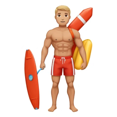 Muscular lifeguard man on beach with rescue tube sticker