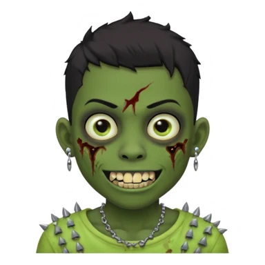 Make a boy zombie dark skin and short black 4c hair, showing a studded grillz teeth with a earing sticker