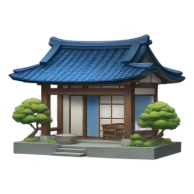 Small Japanese house with a blue tiled roof and a torii gate with blue tiles sticker