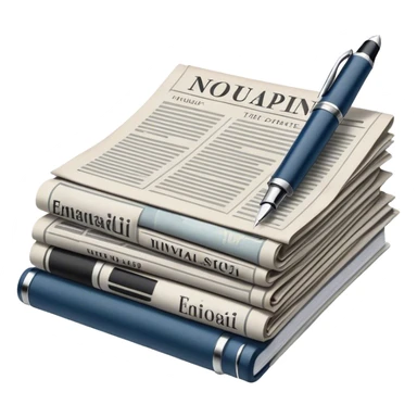 Create an emoji representing journalism and publicistic writing. The design should feature an open newspaper or a stack of articles with visible text columns, symbolizing opinion pieces and analysis. A classic fountain pen or ballpoint pen should be placed near the papers, indicating the act of writing. Optionally, include a small microphone or a press badge to emphasize investigative and journalistic aspects. Use neutral and professional colors like black, white, and muted blue or red. Do not include any emojis or smiley faces. Make the background transparent. sticker