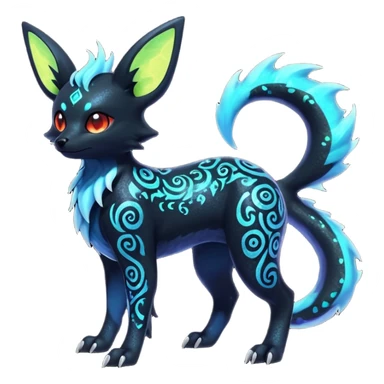 Shiny Fiery Dark Ugly Evil Realistic Glowing Eldritch Horror Cool Edgy Badass Emo Glorious Demonic Batty Dusky Ethereal Sparkly Shimmering Magical Punky Aural Iridescent Fluorescent Bioluminescent Umbreon-Noibat-Salandit-Litten-Flareon-Fakémon-fusion (full body) with intricate pattern markings sticker