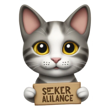 A cute cat holding a sign above its head that says "Seeker Alliance." sticker