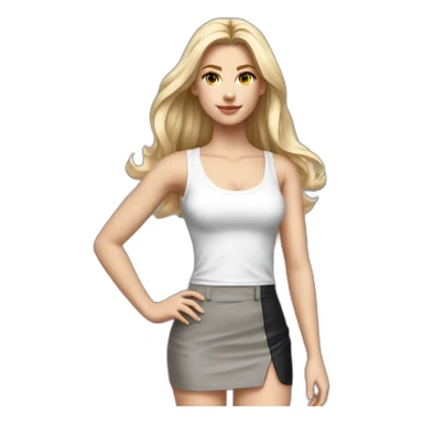 hyperrealist caucasian long blonde hair brown eyes woman white strap low cut tank top gray tight mini skirt black high heeled shoes full body sticker