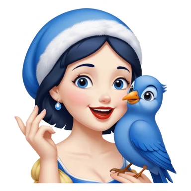 Cinematic Adorable Snow White Portrait Emoji, Giggling as a bluebird perches on her finger, cheeks rosy with joy, bright expressive eyes full of wonder, her innocence and beauty blending into a heartwarming moment! sticker