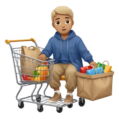A man in oversized second-hand clothes, sitting beside a shopping cart of items, looking around with soft hopeful eyes.
 sticker