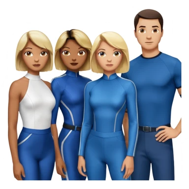 3 Friends standing side by side, charlie's angels style: 1 black woman with a short flat pressed bob, 1 hispanic man with a thin nose and long hair, and 1 white guy with blue eyes and a short brown-blonde haircut sticker