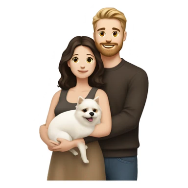 Young white man with short dark brown hair with a small beard hugging his white wife with dark brown hair and both of them hugging a beige and white Pomeranian  sticker