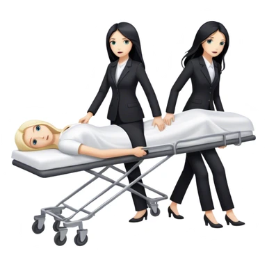 Two woman in black pants suits. One has long black hair and one has long blond hair. They are pushing a stretcher with a dead body on it that is covered in white sheets  sticker