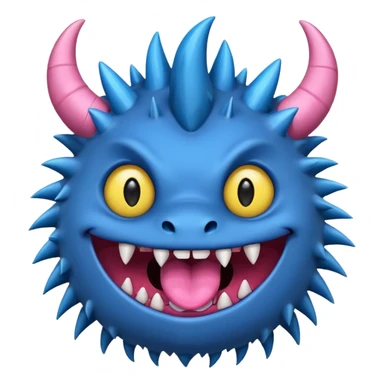 A blue monster with two small black horns, spiky fur, large round yellow eyes, a wide grin showing sharp teeth, and its tongue playfully sticking out to the side. sticker