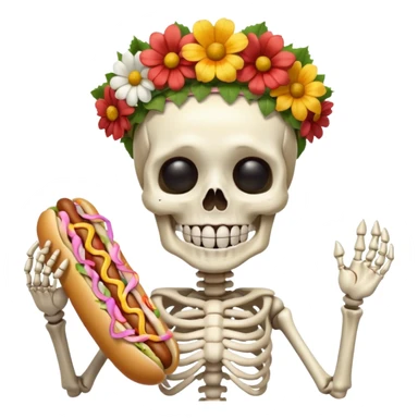 skeleteon with floweer on head with hotdog sticker