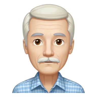 Skinny man in his 70s with fair skin. Long narrow face. Gentle light brown eyes. Long, flowing straight white hair reaching past shoulders, with light bangs. Thin eyebrows. White goatee connected to mustache. Slender appearance. Wearing a light blue and beige checkered button-up shirt. sticker