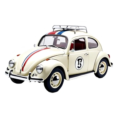 Volkswagen Beetle Herbie, 1963 model, painted in VW L87 Pearl White. It features two racing stripes running from the hood, over the roof, and down the back, one blue and one red. The number 53 is displayed in black inside a white circle with black borders on the hood. The car has classic chrome bumpers, vintage-style black and yellow license plates, and a racing stance, emphasizing its iconic movie look sticker