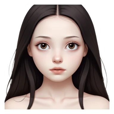 girl with white skin, dark brown long realistic straight hair with middle part prominently falling in front of her body over her shoulders, natural lips with absolutely no cupid's bow and no lip gloss or makeup, big round eyes with very black shiny eyeballs and natural eyelashes, no makeup whatsoever on face, no blush, no eyeshadow, completely bare face, lighter button nose, exceptionally elongated very long oval-shaped face, wearing a pink off-shoulder top, looking directly at camera with hands down at sides sticker