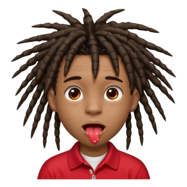 14 year old black boy with grown out buzz 4c hair forming into small dreadlocks looks like spikes he is wearing a red polo and his toungue is out very big and has a white shiny gooey splotch on his toungue sticker