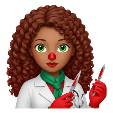 Lilith scalpel in hand, evil surgeon sexy surgeon clothes.  She has green  eyes. She brown long curly hair. Wears sexy doctor outfit with red gloves. Outfit is also red. hair is free and brown. Hides face by using a red scarf sticker