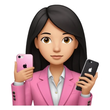 light brown girl with long black hair, dressed in a pink blazer and an iPhone 15 cell phone in her hand sticker