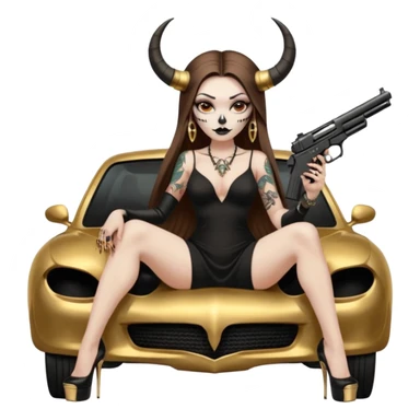 Sensual woman long brown straight haired sexy drug lord woman with tattoos on arm sleeves and black thick butt platform high heels on her feet, and devil black horns on her head, she is holding a skull head and a gun. Sitting on gold car full of gold , long black dress with sexy slit sticker