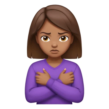 Girl with brown hair crossing arms in front of her chest and making an angry face with a purple longsleeve shirt on and be more pouty sticker