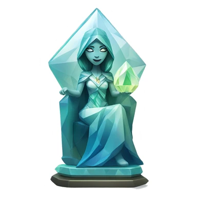crystal sculpture oracle priestess with a geometric faceted design with disney features. Oracle of delphi is sparkling and standing upright on a base with angular and flower features. The blues neutrals and greens highlights the sharp edges and planes.  sticker