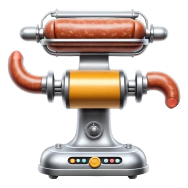 sausage-processing droid. retro-futuristic style. top is a circular industrial meat grinder with rotating gears and blades. Two robotic arms feed material into grinder. Sausage links extrude from the rear like  factory. The body is metallic, compact, and floats above the ground.no legs. Dark humor sticker