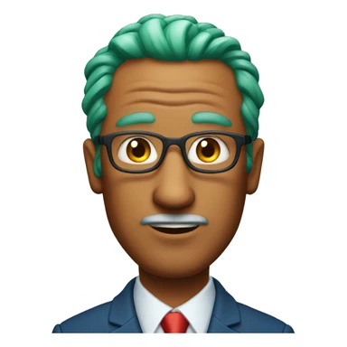 Older orange man with green hair and blue suit with red tie sticker