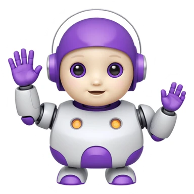 adorable baby robot, white body with purple accents, chubby cheeks, waving sticker