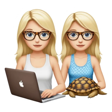 long blonde hair woman blue eyes with tortoise shell print glasses wearing white tank top on mac book with a white crocodile patterns laptop case  sticker