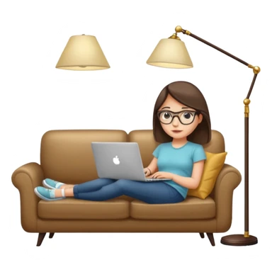 A girl is working with a laptop while lying on a sofa, with a floor lamp to the right. sticker