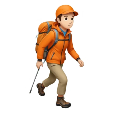 Hiker in orange jacket with backpack climbing mountain trail, minimalist design sticker
