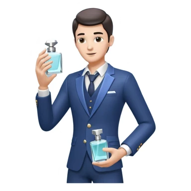 stylish man spraying perfume, holding a perfume bottle, mist spray in the air, elegant pose, 3D cartoon, mobile game icon style, clean background, no text, no watermark

 sticker