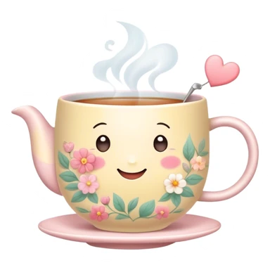 Cute Kawaii Tea Cup, steaming with warmth, a charming smiling face, soft pastel tones, delicate floral patterns, a tiny heart-shaped tea bag tag, cozy and inviting! sticker