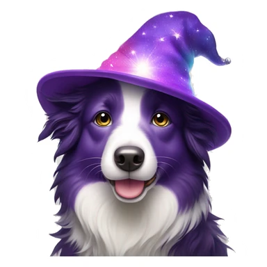 Rainbow-coloured Border Collie wearing a purple velvet wizard hat covered with tiny, sparkling, silver stars.  sticker