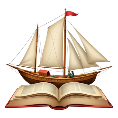Icon for Reading Fiction: a large open book with pages turning, Musketeers on horseback, Sherlock Holmes and other literary elements, a sailboat sailing across the pages. The icon should evoke the adventurous spirit of storytelling. Transparent background. sticker