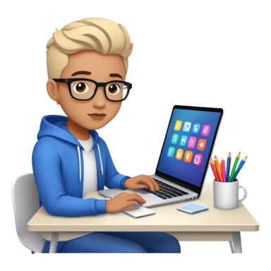 A web designer intensely working on a sleek laptop, surrounded by colorful design elements, glowing screens, and creative icons, with a focused expression and a modern workspace vibe. sticker