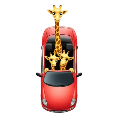 two cute giraffes driving in a red car sticker