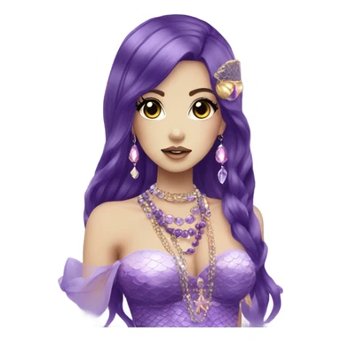 mermaid hime gyaru girl, dark purple hair, jewerly sticker