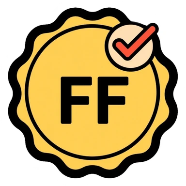 A badge with FF and a verification checkmark symbol sticker