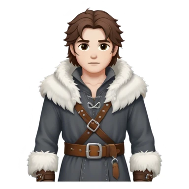 Medieval winter outfit worn by a DnD themed fantasy male character. Heavy slate gray wool tunic with wolf fur trim, featuring carved bone toggles and a wide leather belt with iron buckle. Clothes only above the waist, full waist coverage. The character has no arms. Character is white-skinned with dark copper hair, hazel eyes, and medium-length tousled hair with snow-touched strands. sticker