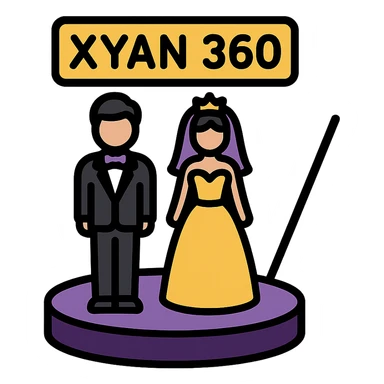small simple icon of a bride and groom on a 360 spin booth, both dressed elegantly, with 'Xyan 360' signage, purple gold and black accents, luxury wedding event style sticker
